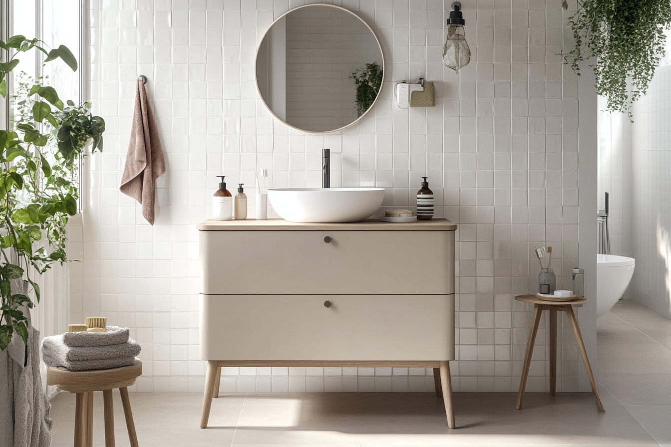 Scandinavian Bathroom Design With Floor Mounted Beige Vanity Unit