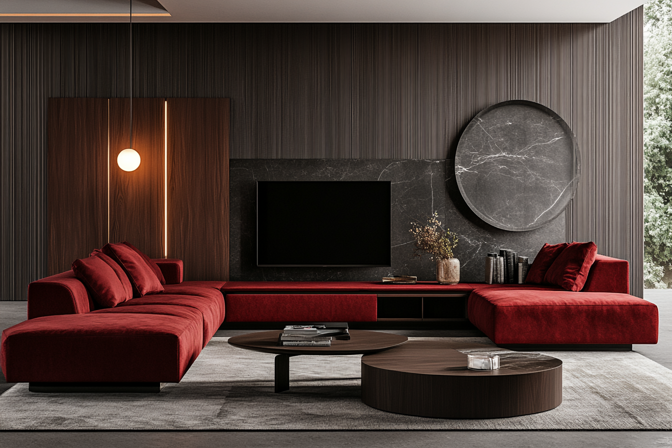 Red Sofa With TV Unit In A Contemporary Living Room Design