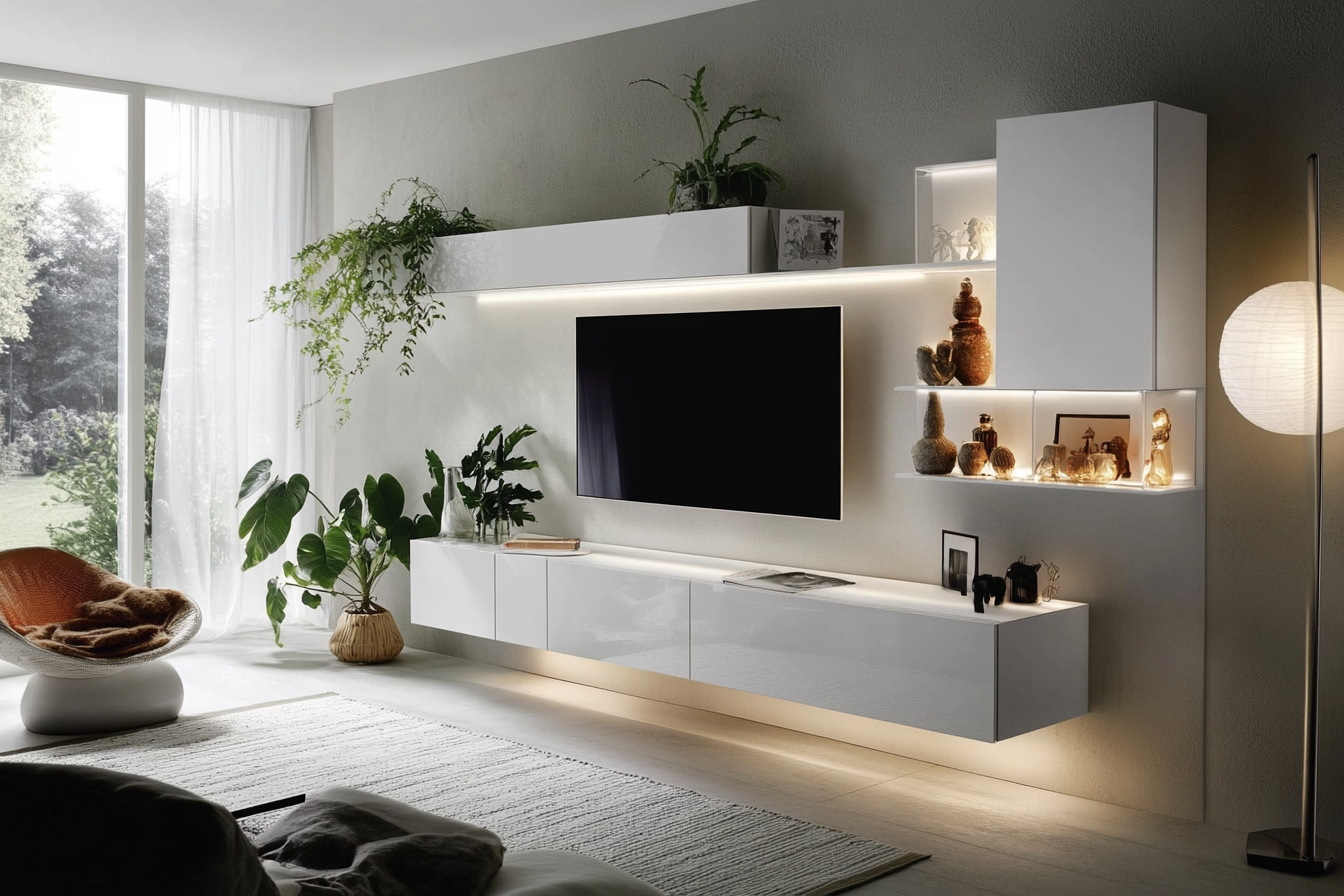 Modern Frosty White Tv Unit Design With Wall Mounted Cabinet And Open