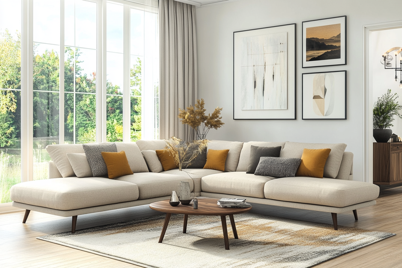 Mid Century Modern Living Room With L Shaped Beige Sofa Set