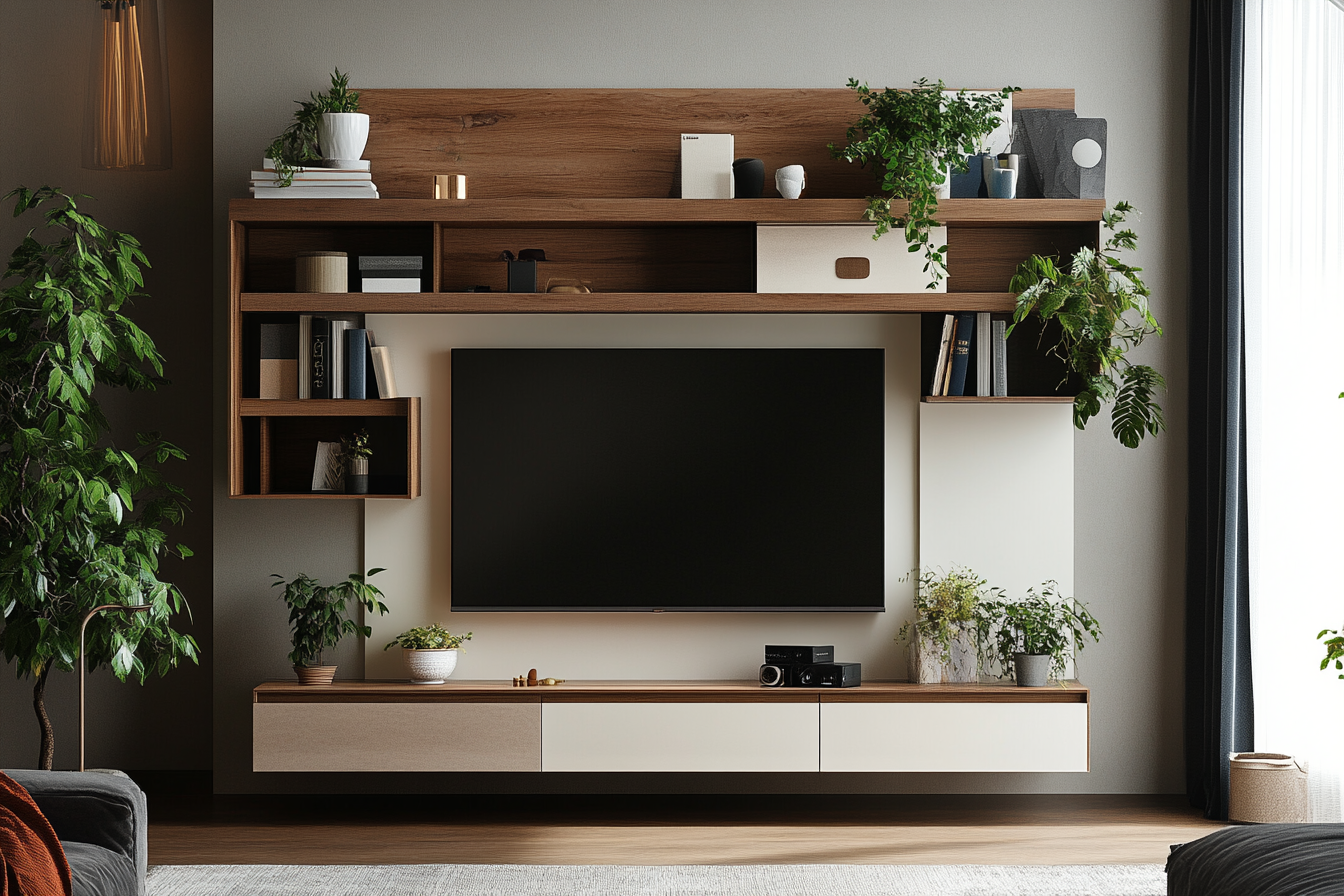 Modern Wall Mounted Tv Unit Design With Ladder Unit And Closed Storage