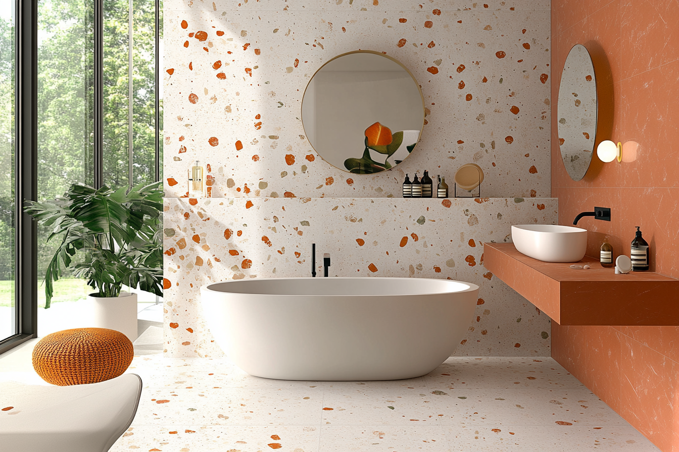 Contemporary Bathroom Design Idea With Peach And White Terrazzo Tiles