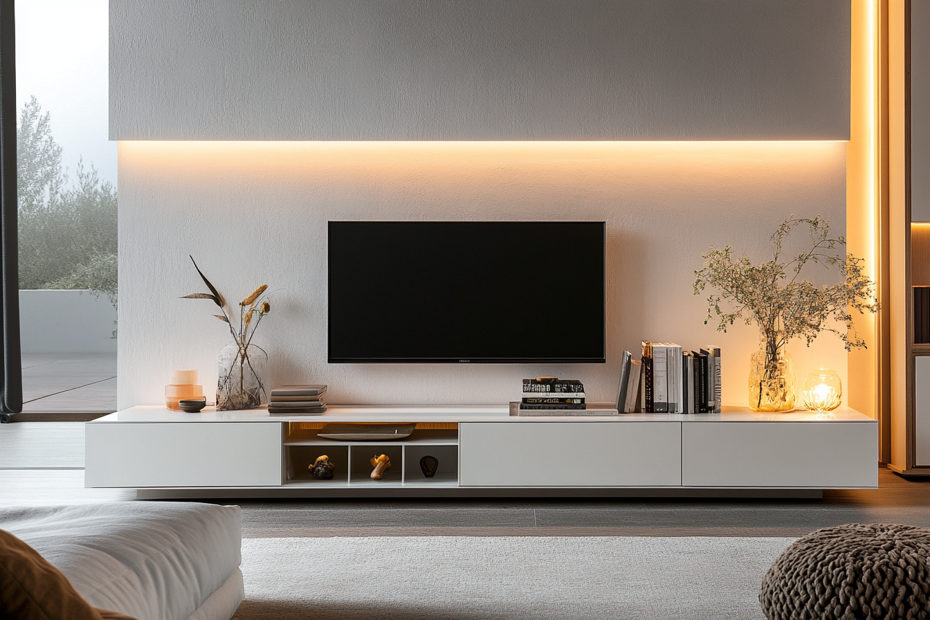 Modern Frosty White Floor Mounted TV Unit Design