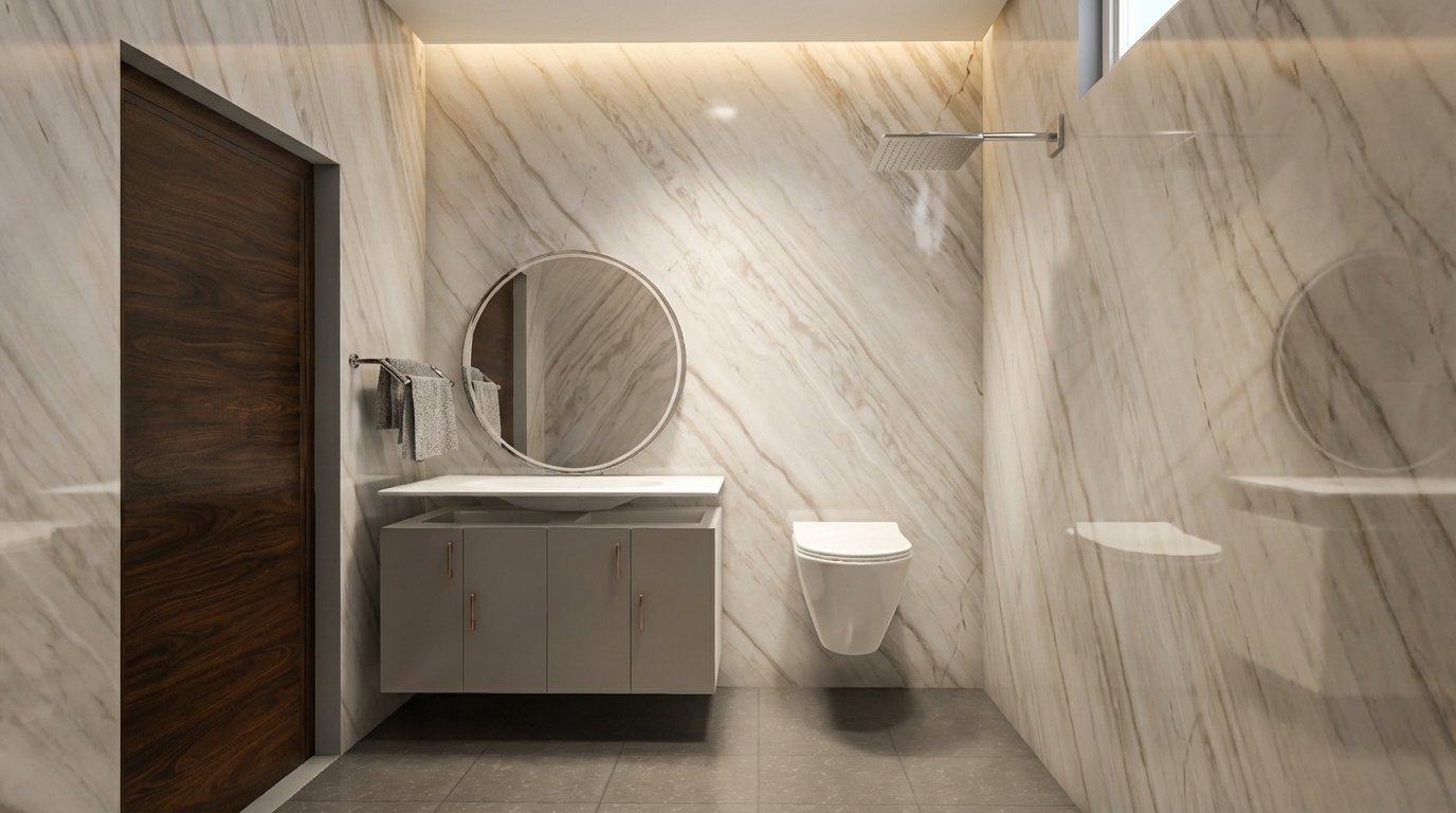 Elegant Marble Clad Contemporary Washroom