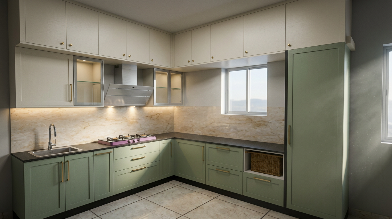 Soft Green L Shaped Kitchen with Marble Backsplash
