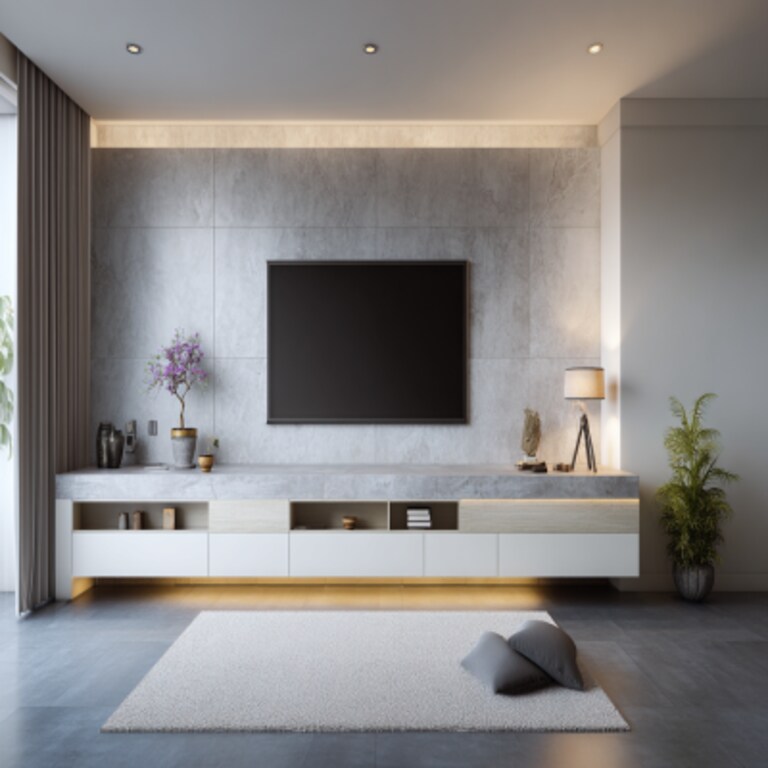 Contemporary Frosty White and Dove Grey TV Unit Design with Drawer Storage