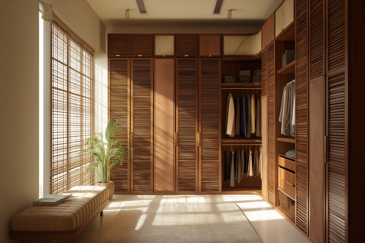 10-Door Contemporary Walk-In Wardrobe Design with Suede Finish Shutters 10-Door Contemporary Walk-In Wardrobe Design with Suede Finish Shutters