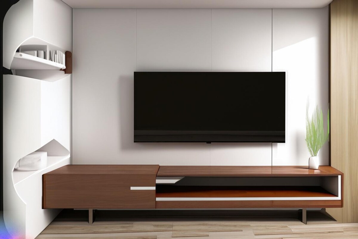 Modern TV Unit Design in White and Brown Laminate Modern TV Unit Design in White and Brown Laminate