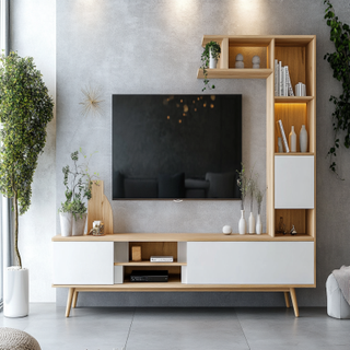 Scandinavian Frosty White TV Unit Design With Integrated Wooden Shelf Unit