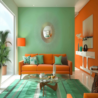 Contemporary Living Room Design With Orange Sofa And Mint Green Accent Wall