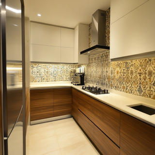 Modern White And Wood Modular Indian Kitchen Design With Moroccan Backsplash