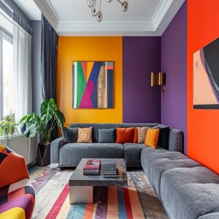 Art Deco Multicoloured Living Room Design With Dual-Toned Walls