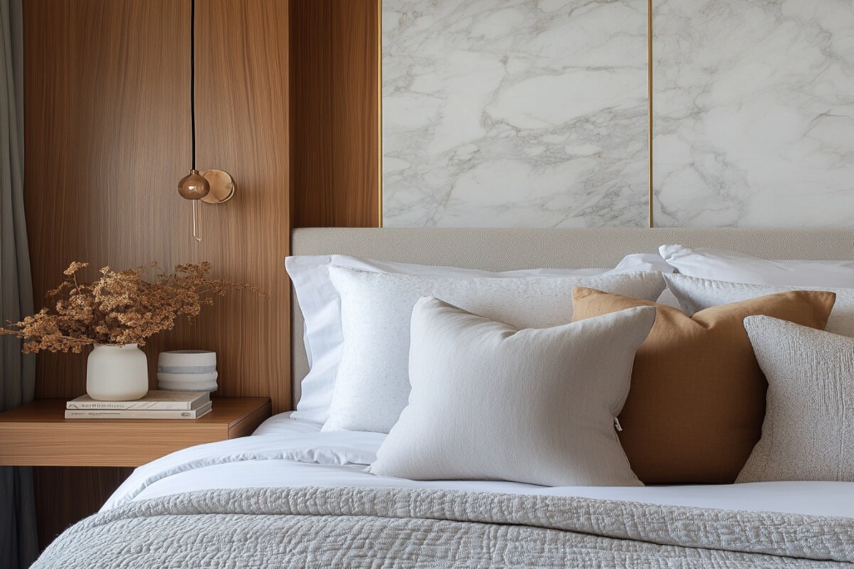 Modern Guest Bedroom Design with Marble Wood Accents And Plush Bedding