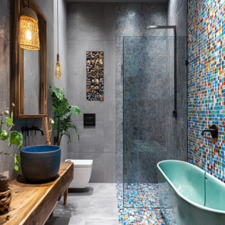 Eclectic Style Bathroom Design with Grey and Blue Tiles