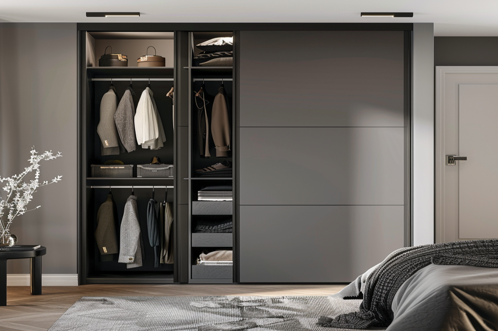 Contemporary 3-Door Gothic Grey Sliding Door Wardrobe With Black Shelf Storage