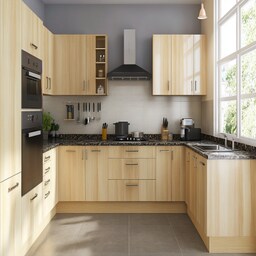 Modern Champagne Modular L-Shape Kitchen Design With High Gloss Shutter ...
