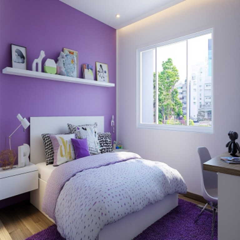 Minimal Kids Bedroom Design With Double Bed and Purple Walls