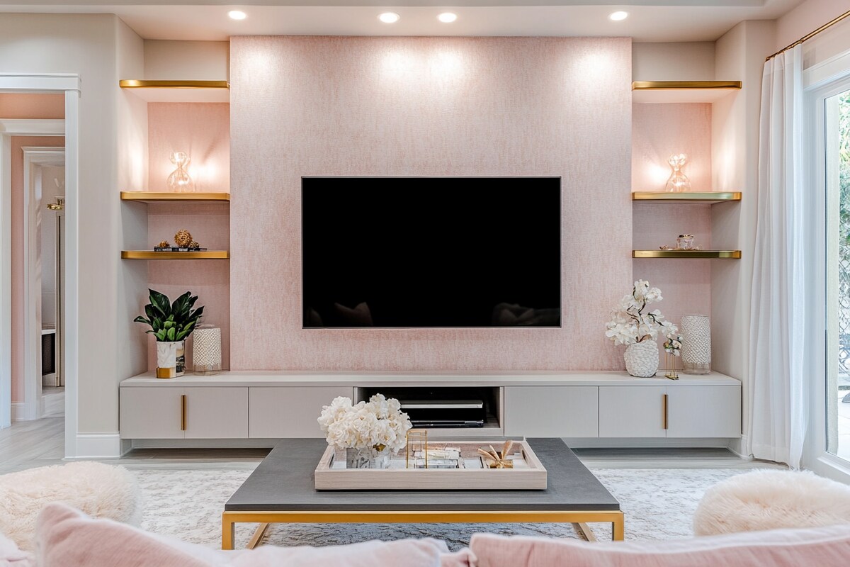 Contemporary Smoke Grey TV Console Design with Light Pink Textured Accent Walls and Gold Beams