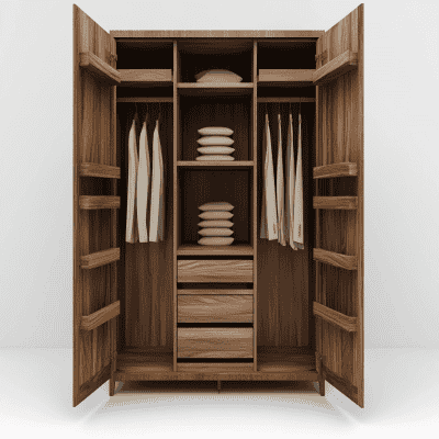 Contemporary 2-Door Wardrobe Design with Open Wooden Shelves