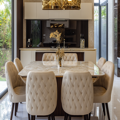 Modern 8-Seater Dining With Beige Tufted Chairs And Quartz Countertop