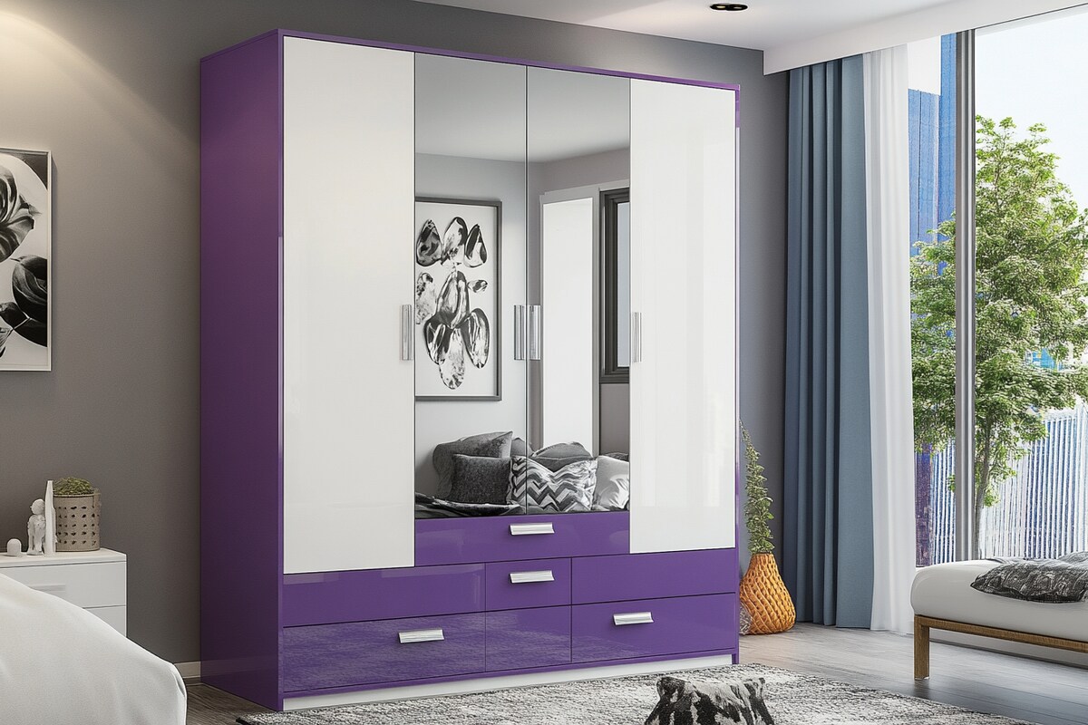 Modern 4-Door Lavender And White Wardrobe Design With Mirrors And Drawer Unit