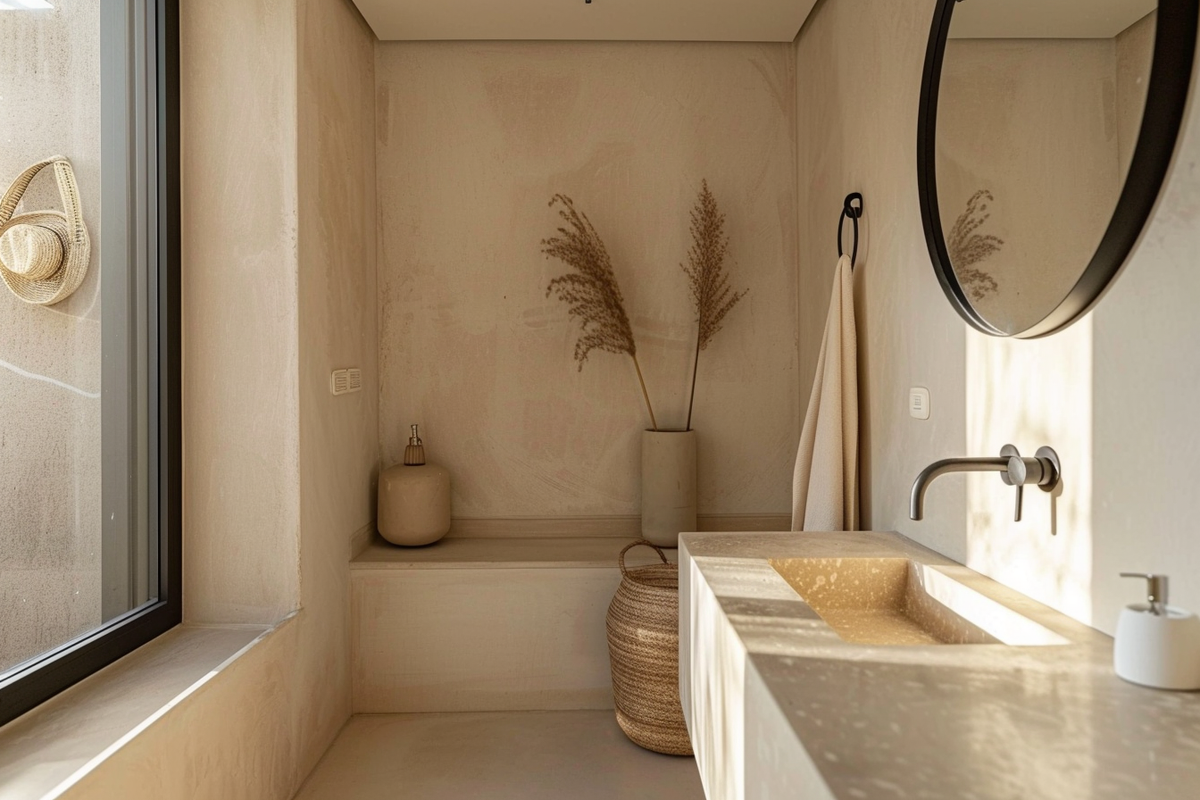 Minimal Cream-Toned Bathroom Design With Round Black-Framed Mirror