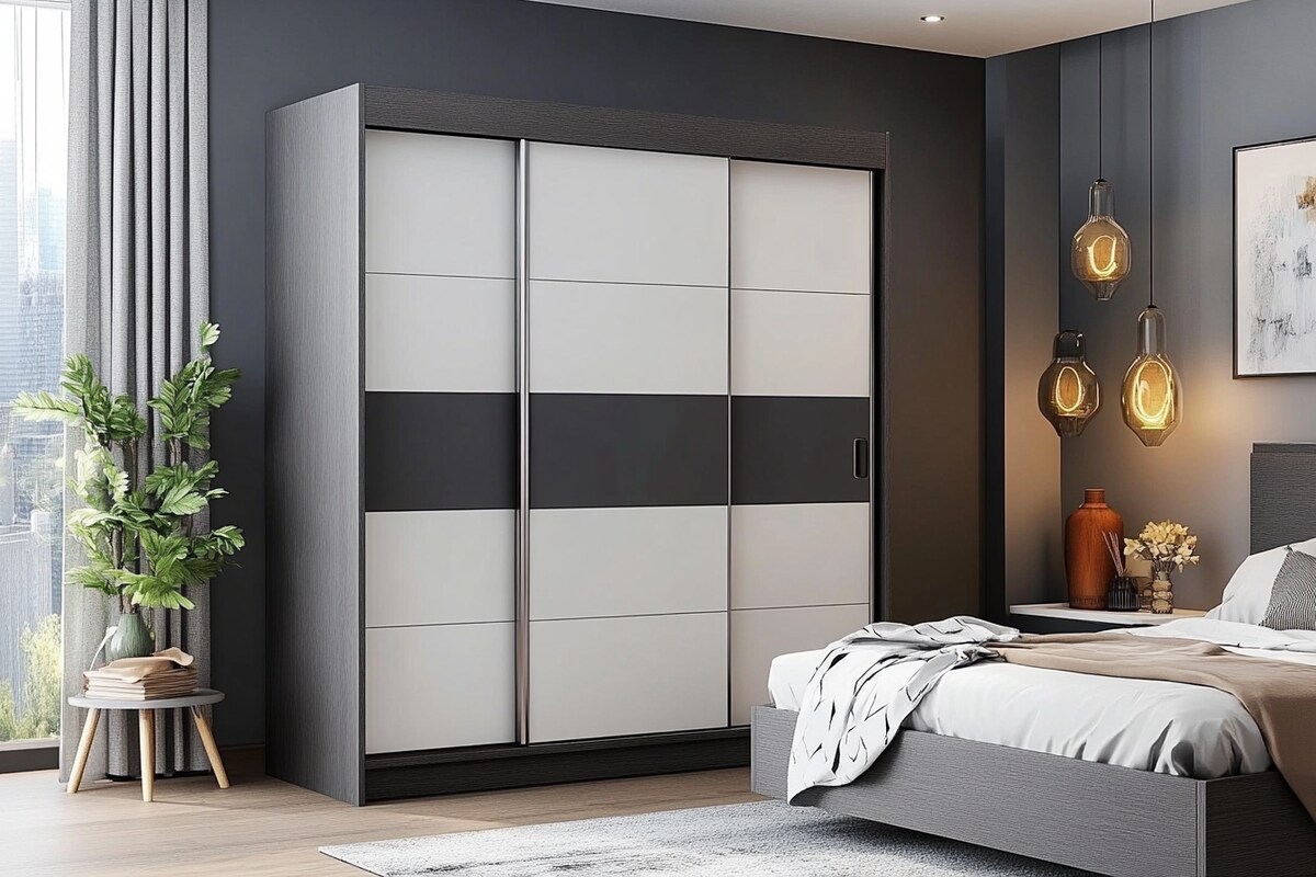 Contemporary 2-Door Dark Grey And White Sliding Wardrobe Design