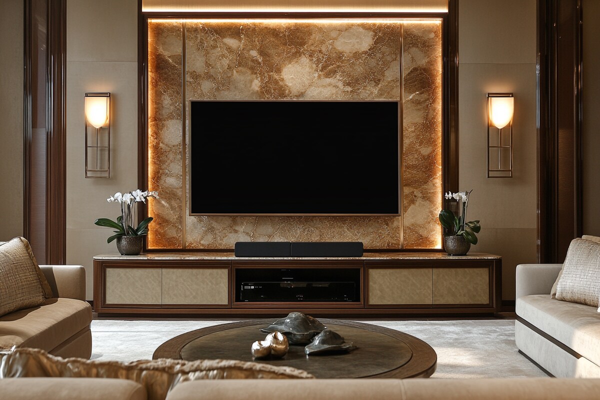 Contemporary Cappuccino-Toned TV Cabinet Design with Marble Panel and Wall Grooves Contemporary Cappuccino-Toned TV Cabinet Design with Marble Panel and Wall Grooves