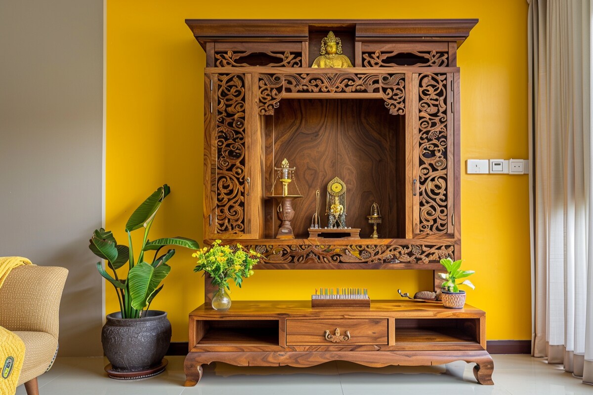 Traditional Floor-Mounted Mandir Unit With CNC-Cut Wooden Panel And Yellow Accent Wall