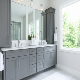 Modern White And Grey Bathroom Design With Grey 2-Door Bathroom Cabinet