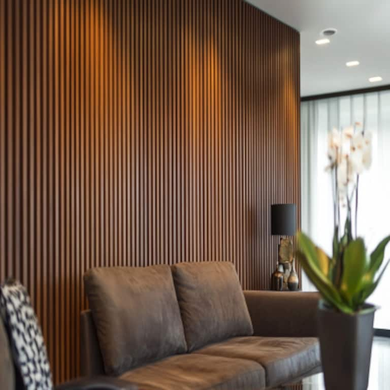 Modern Living Room Wall Design With Brown Wooden Fluted Panels