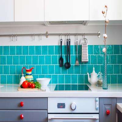 Blue Enamelled Kitchen Feature Wall Tiles