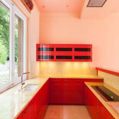 Pink False Ceiling To Go With Plum Kitchen Cabinets