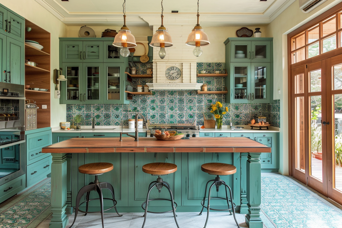 Modern Modular L-Shaped Kitchen Design With Aqua Green Cabinets And Moroccan Dado Tiles