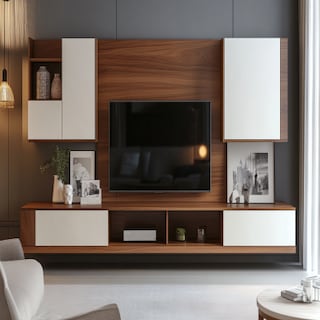 Contemporary Persian Walnut and Frosty White TV Unit Design with Wall-Mounted Cabinet