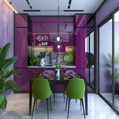 Contemporary 4-Seater Black Dining Table Design With Glossy Purple And Green Crockery Unit