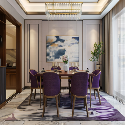 Contemporary 6-seater Wooden Dining Room Design With Beige And Purple Chairs