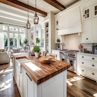 Scandinavian Modular Island Kitchen Design With White Cabinets And Wooden Countertop