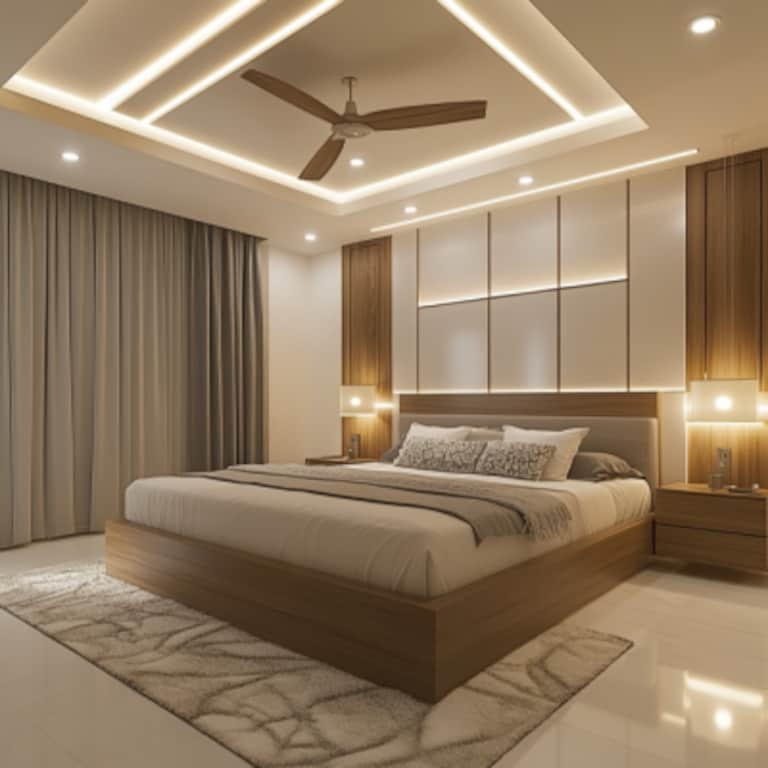 Contemporary White Parallel Bedroom False Ceiling Design With Panels