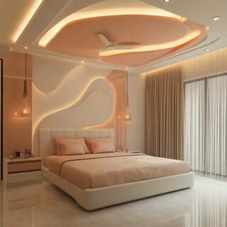 Multilayered Contemporary Peach And White Bedroom False Ceiling Design