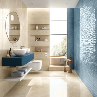 Blue and Beige Tiles Contemporary Bathroom Design