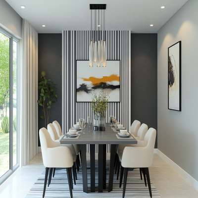 Contemporary 6-Seater Dining Room Design With Grey Accent Wall And Stripes