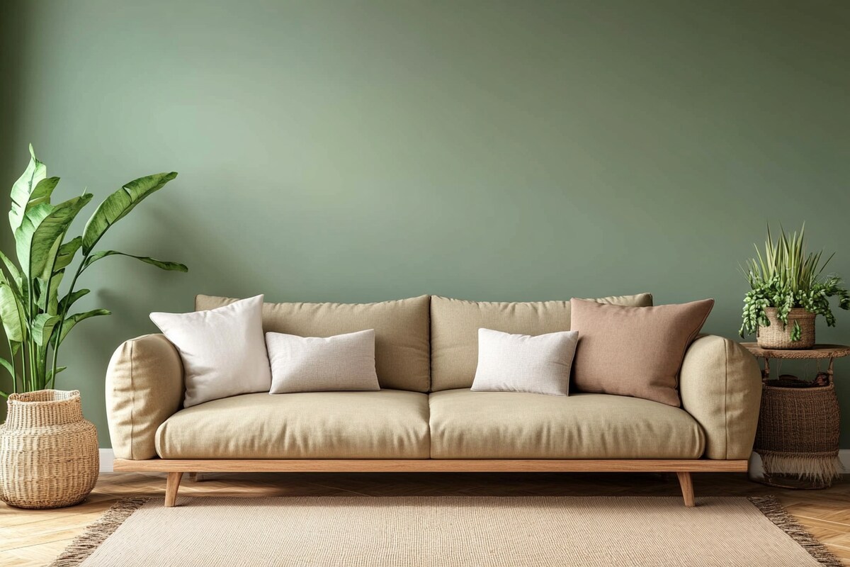 Modern Light Green Living Room Wall Paint Design With Tan Sofas