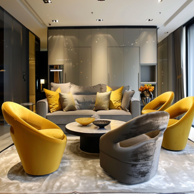 Modern Living Room Design With Grey Textured Sofa and Yellow Chairs