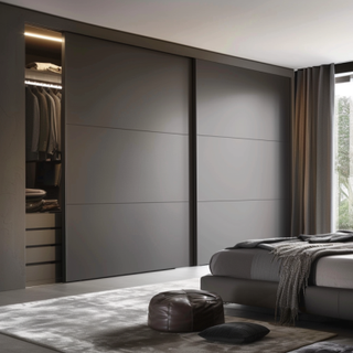 Contemporary Master Bedroom Design With 2-Door Grey Sliding Wardrobe