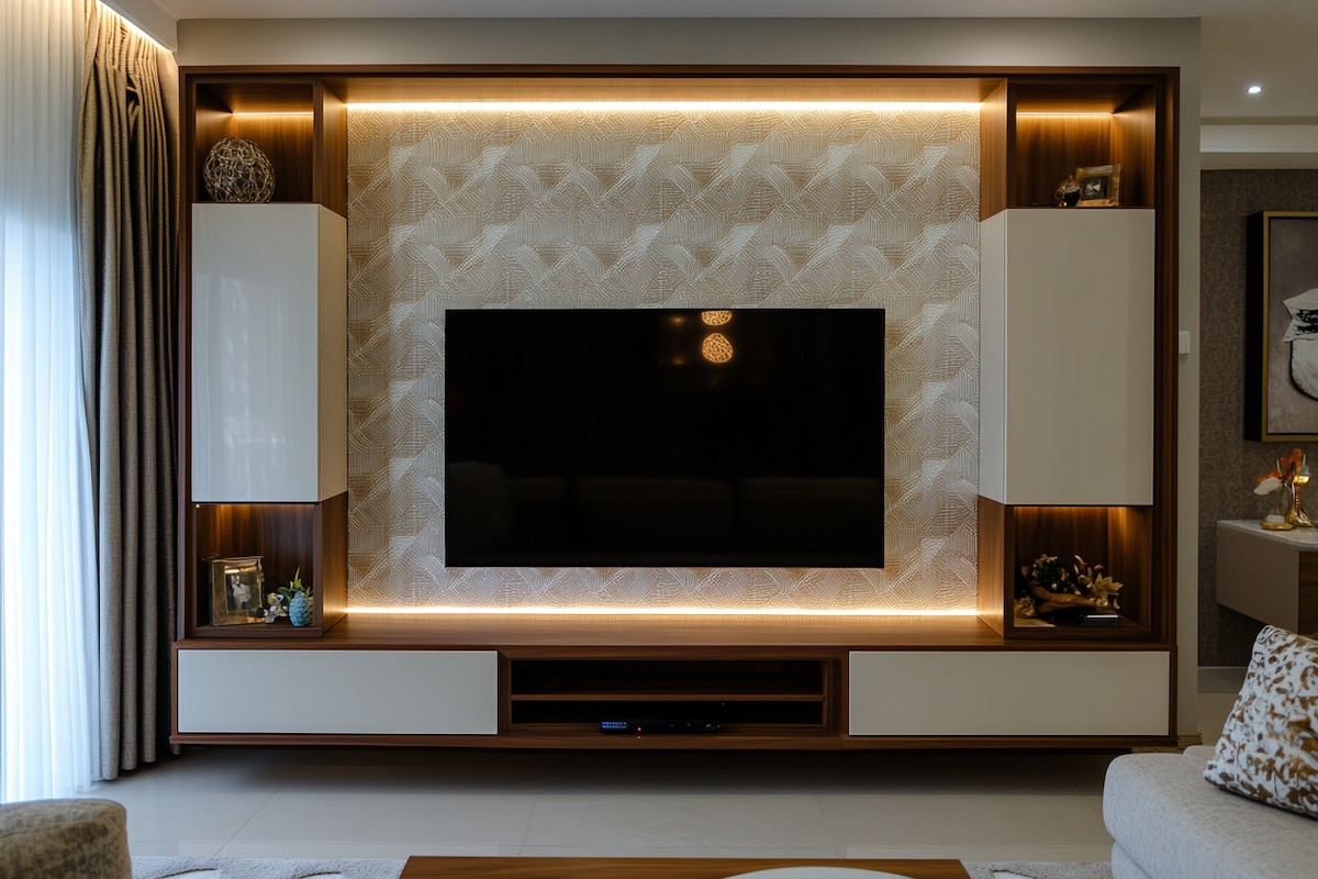 Modern Walnut Bronze And Frosty White TV Unit Design With Geometric Wallpaper