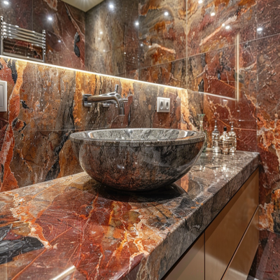 Modern Multicoloured Bathroom Design With Marble Walls And Granite Countertop