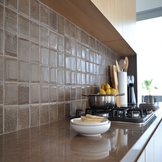 Contemporary Brown Ceramic Textured Kitchen Tile Design With Square Shape