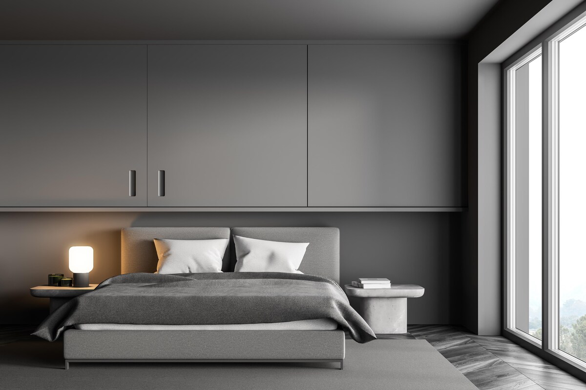 Master Bedroom Design with a Grey Headboard Master Bedroom Design with a Grey Headboard
