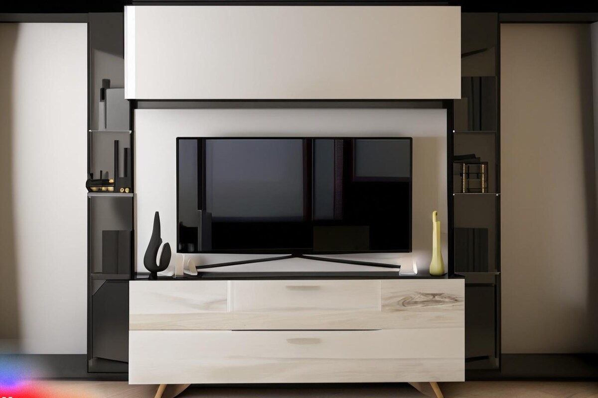 Modern TV Unit Design in Off White and Black Laminate Modern TV Unit Design in Off White and Black Laminate